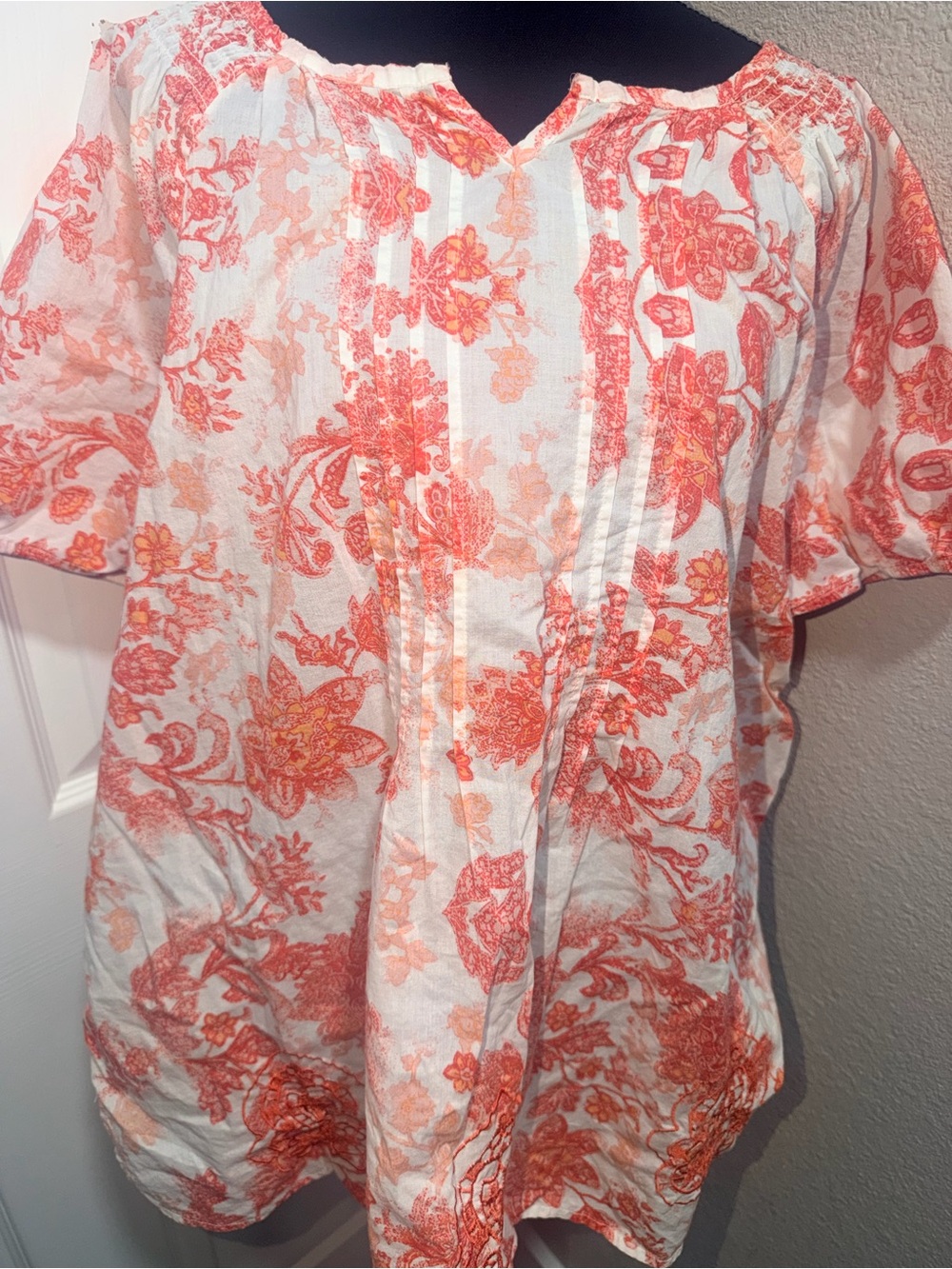 Kim Rogers Floral Peasant Blouse in Coral and White